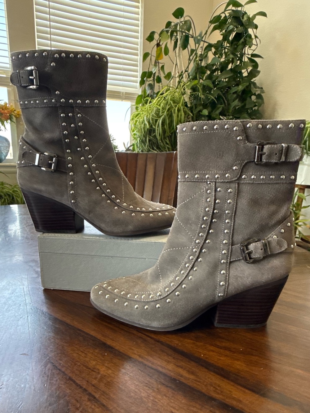 Vaneli Grey Suede Ankle Boots with Silver Stud Detail Size 8.5 Narrow